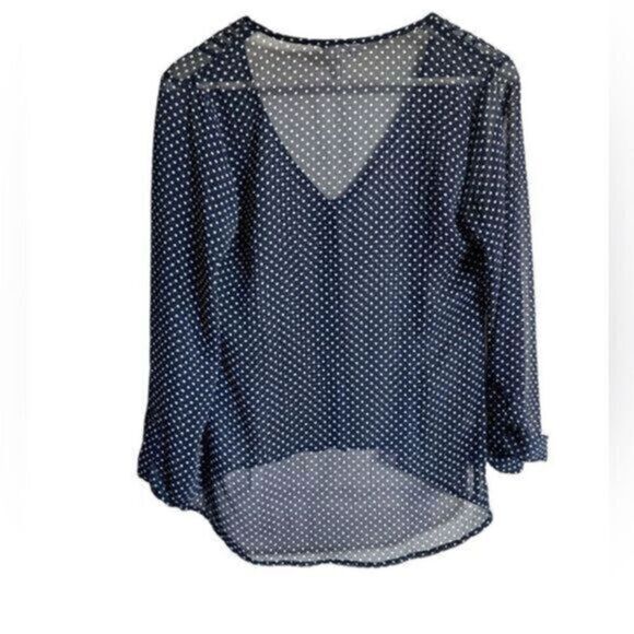 EUC - KIRRA Women’s Navy/White Polka Dot V Neck Cuff Sleeve Blouse - Size XS - Picture 1 of 6